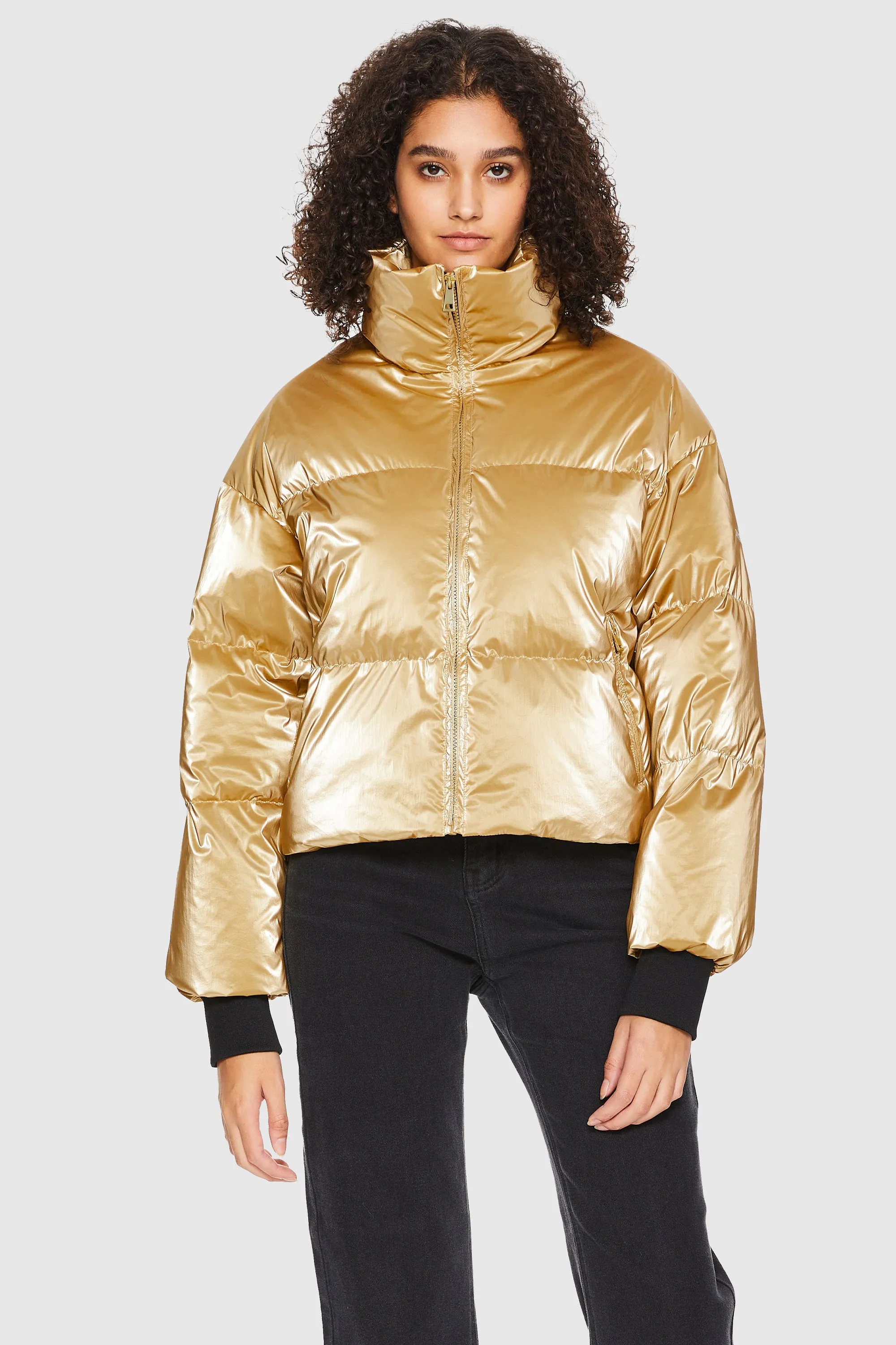 Puff-O Cosmos Metallic Shiny Cropped Winter Puffer Jacket - Metallic Golden