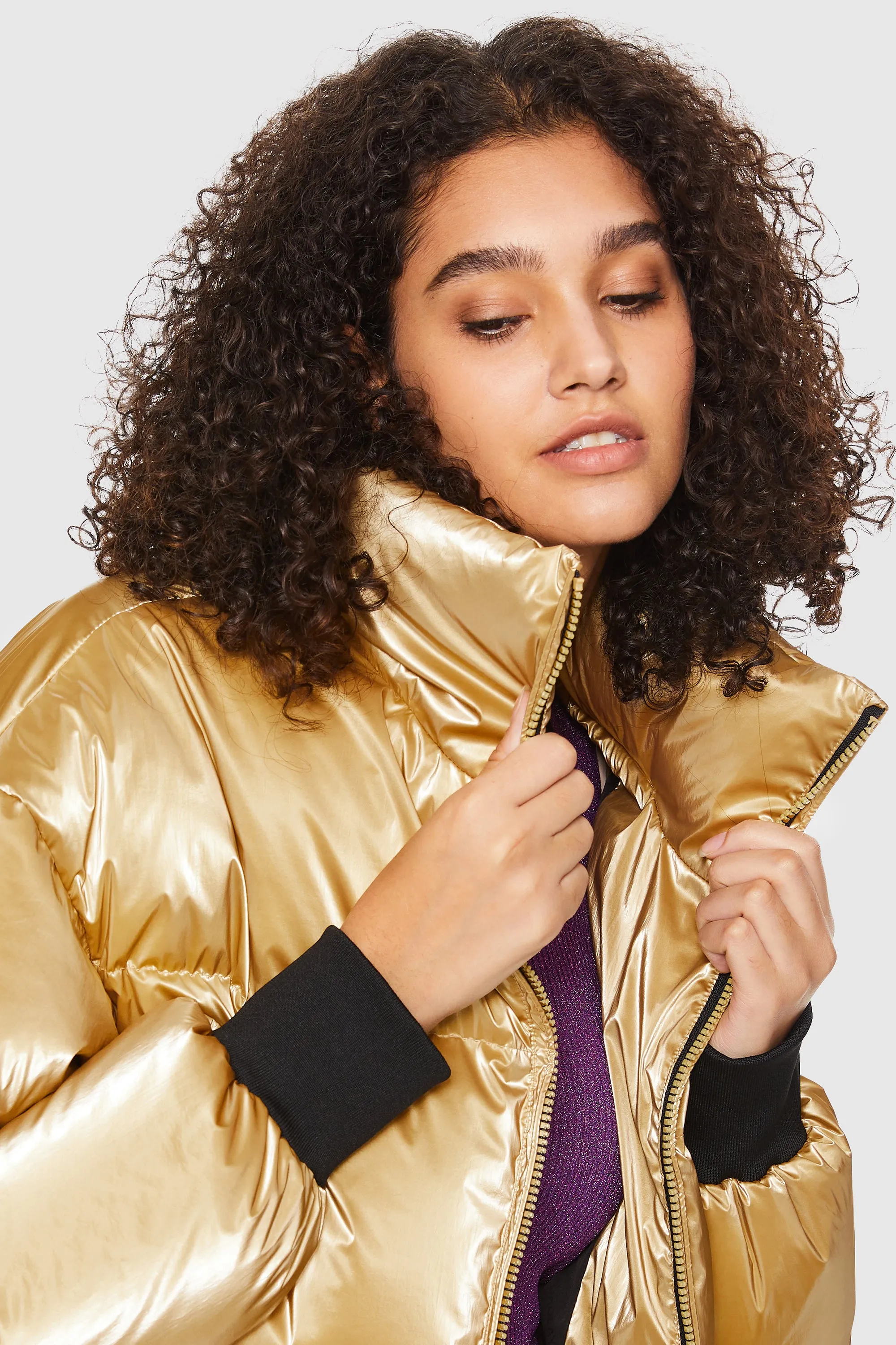 Puff-O Cosmos Metallic Shiny Cropped Winter Puffer Jacket - Metallic Golden