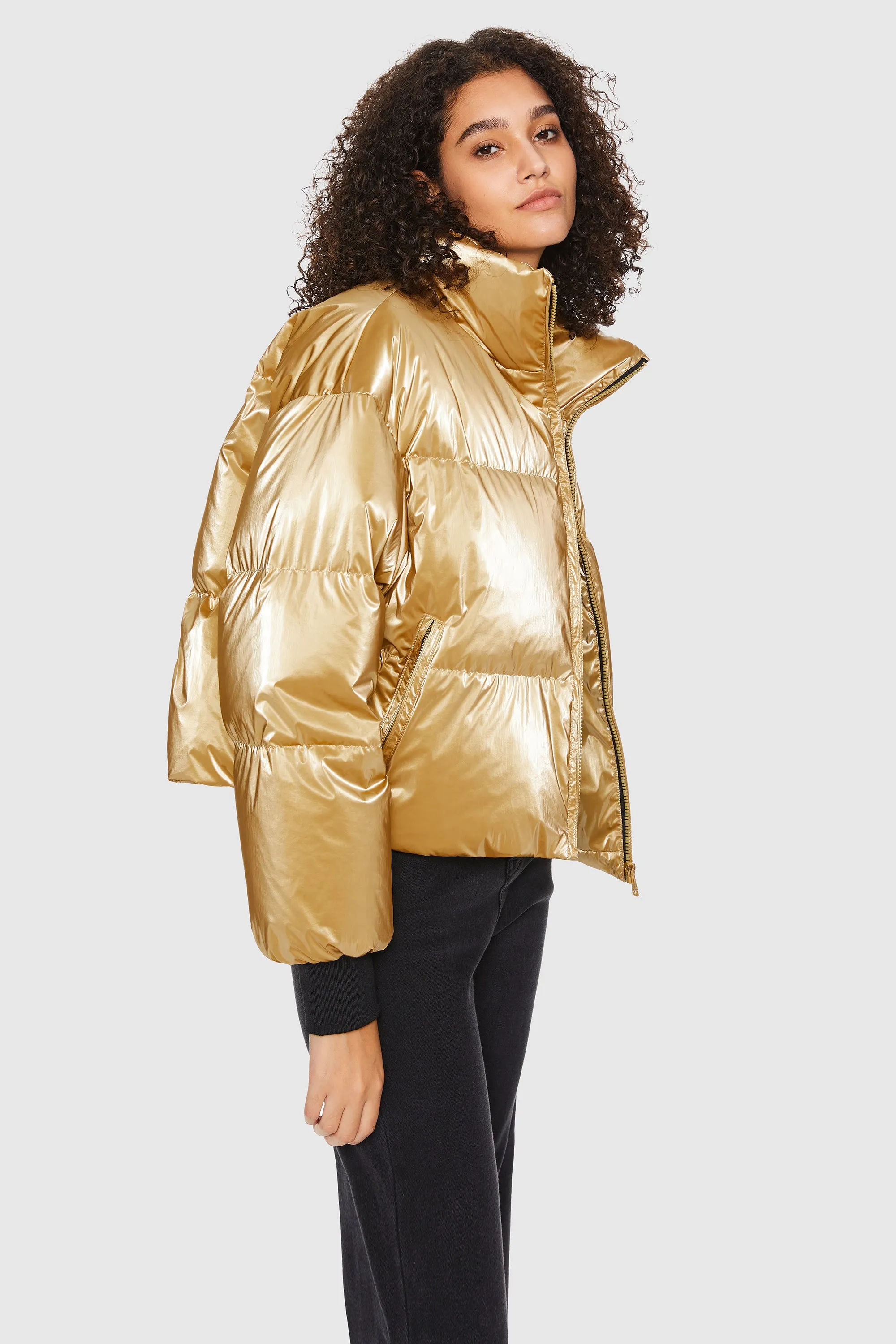 Puff-O Cosmos Metallic Shiny Cropped Winter Puffer Jacket - Metallic Golden