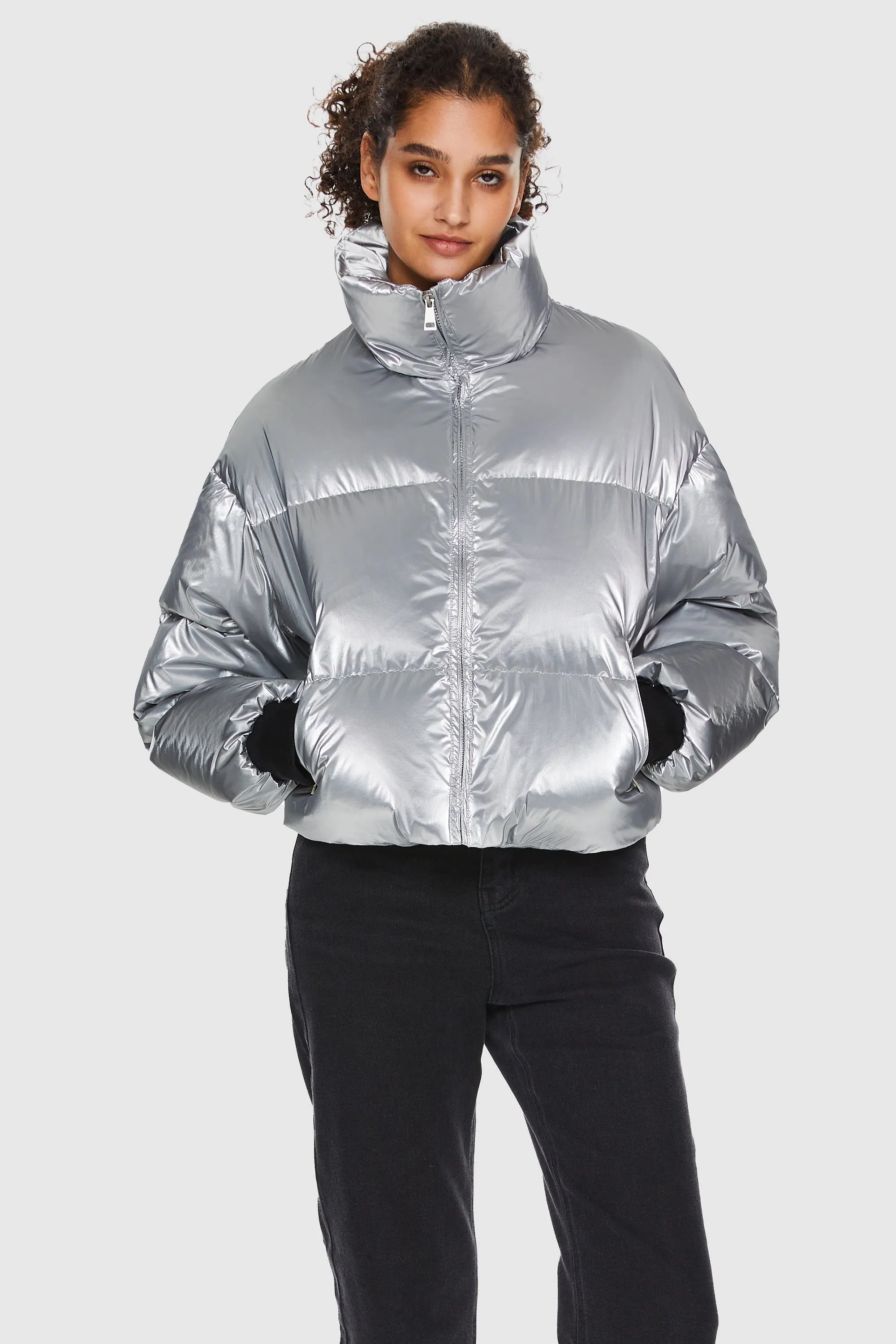 Puff-O Cosmos Metallic Shiny Cropped Winter Puffer Jacket - Metallic Golden