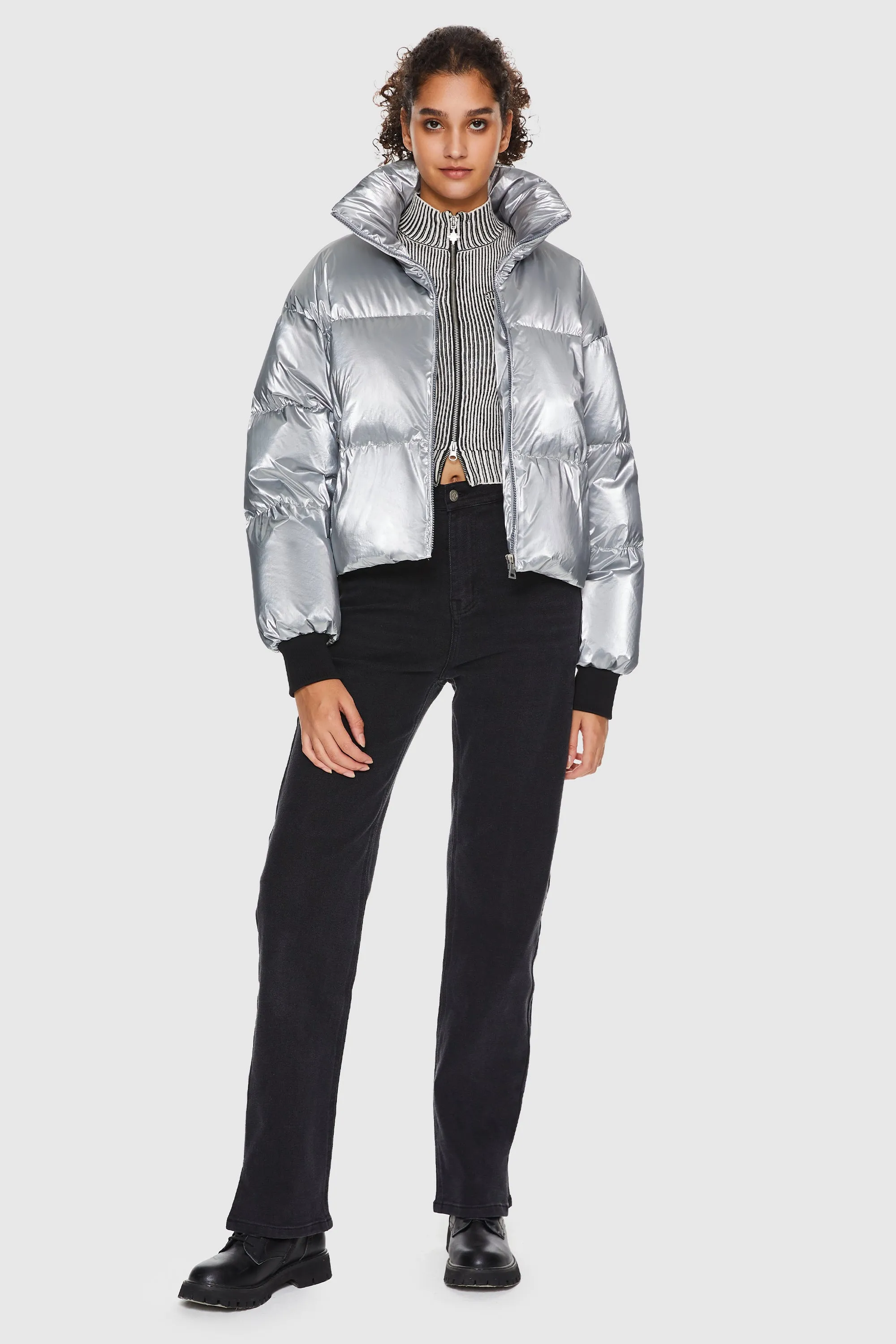 Puff-O Cosmos Metallic Shiny Cropped Winter Puffer Jacket - Metallic Golden