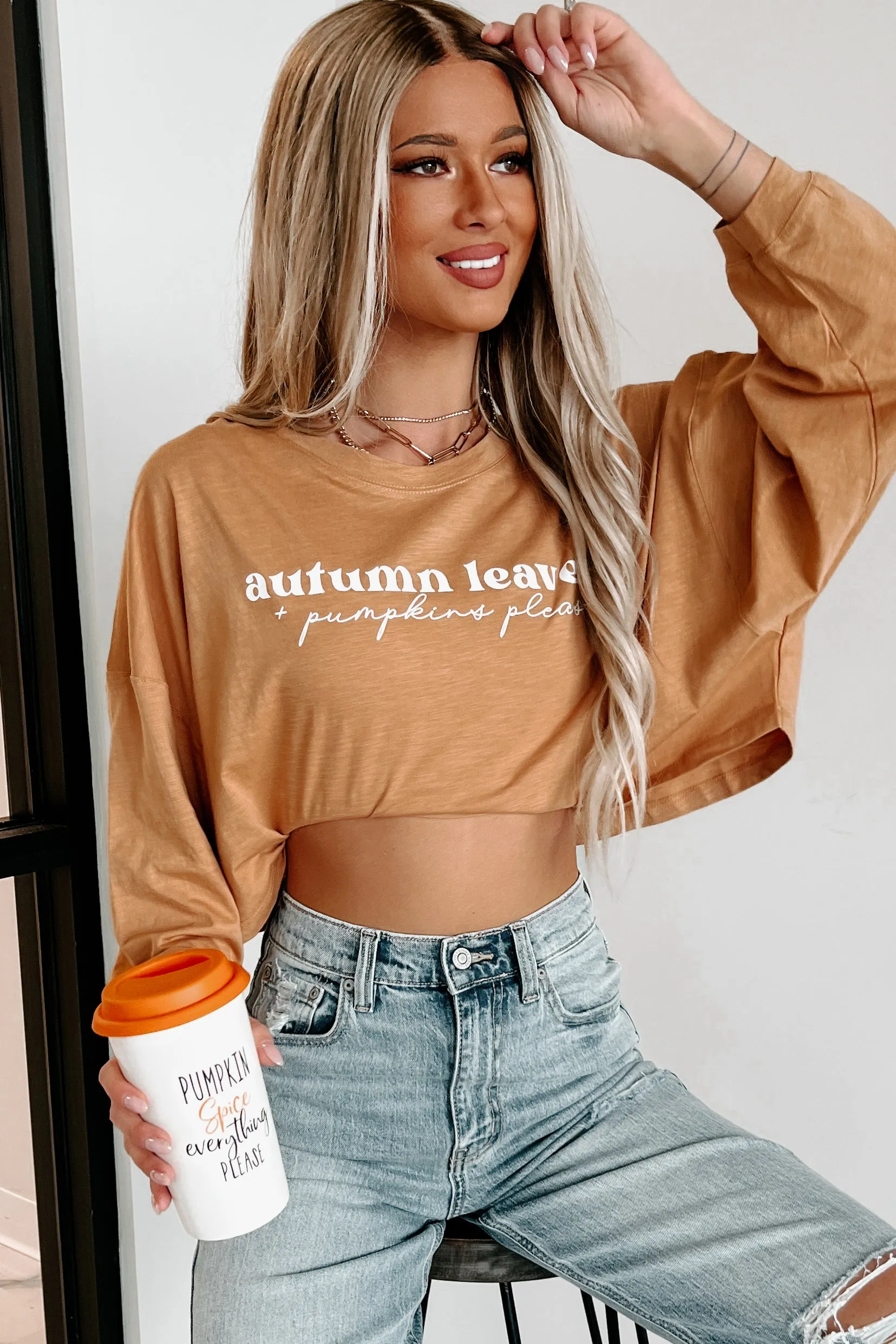 "Autumn Leaves   Pumpkin Please" Long Sleeve Graphic Crop Top (Peanut Butter) - Print On Demand