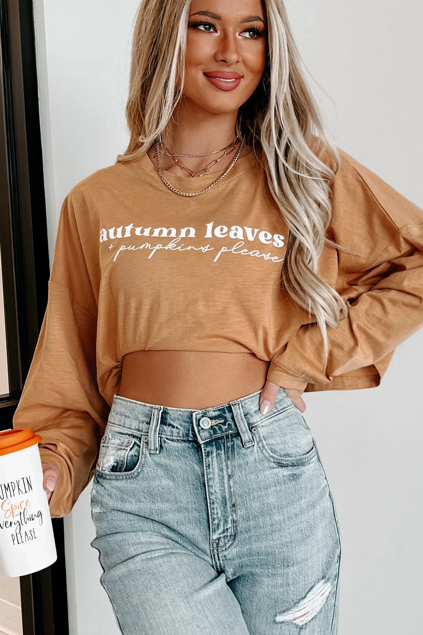 "Autumn Leaves   Pumpkin Please" Long Sleeve Graphic Crop Top (Peanut Butter) - Print On Demand