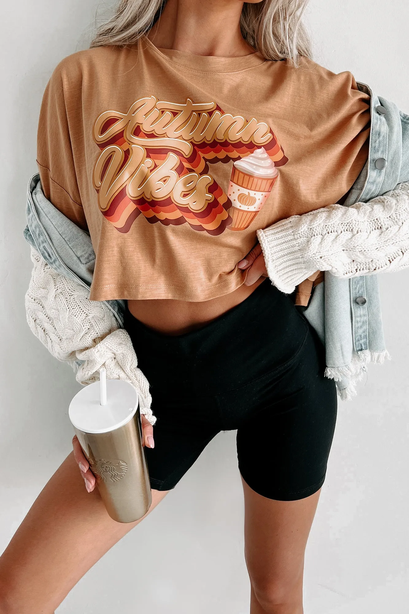 "Autumn Vibes" Long Sleeve Graphic Crop Top (Peanut Butter) - Print On Demand