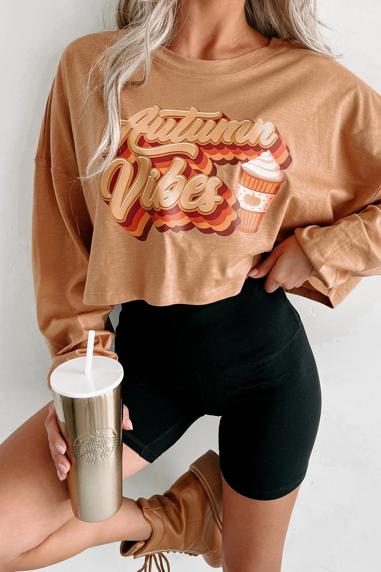 "Autumn Vibes" Long Sleeve Graphic Crop Top (Peanut Butter) - Print On Demand