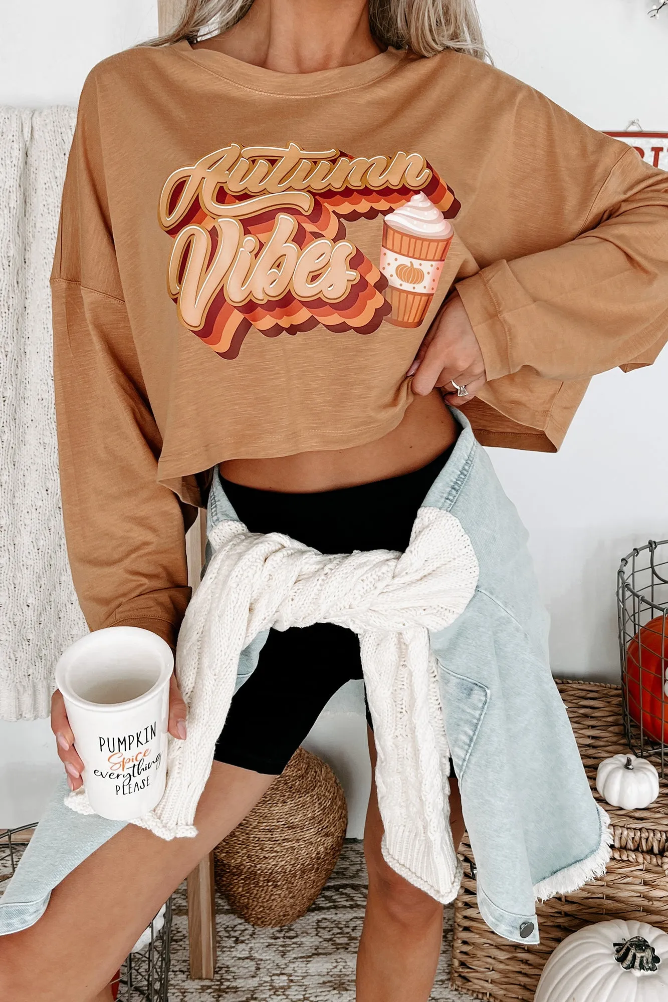 "Autumn Vibes" Long Sleeve Graphic Crop Top (Peanut Butter) - Print On Demand