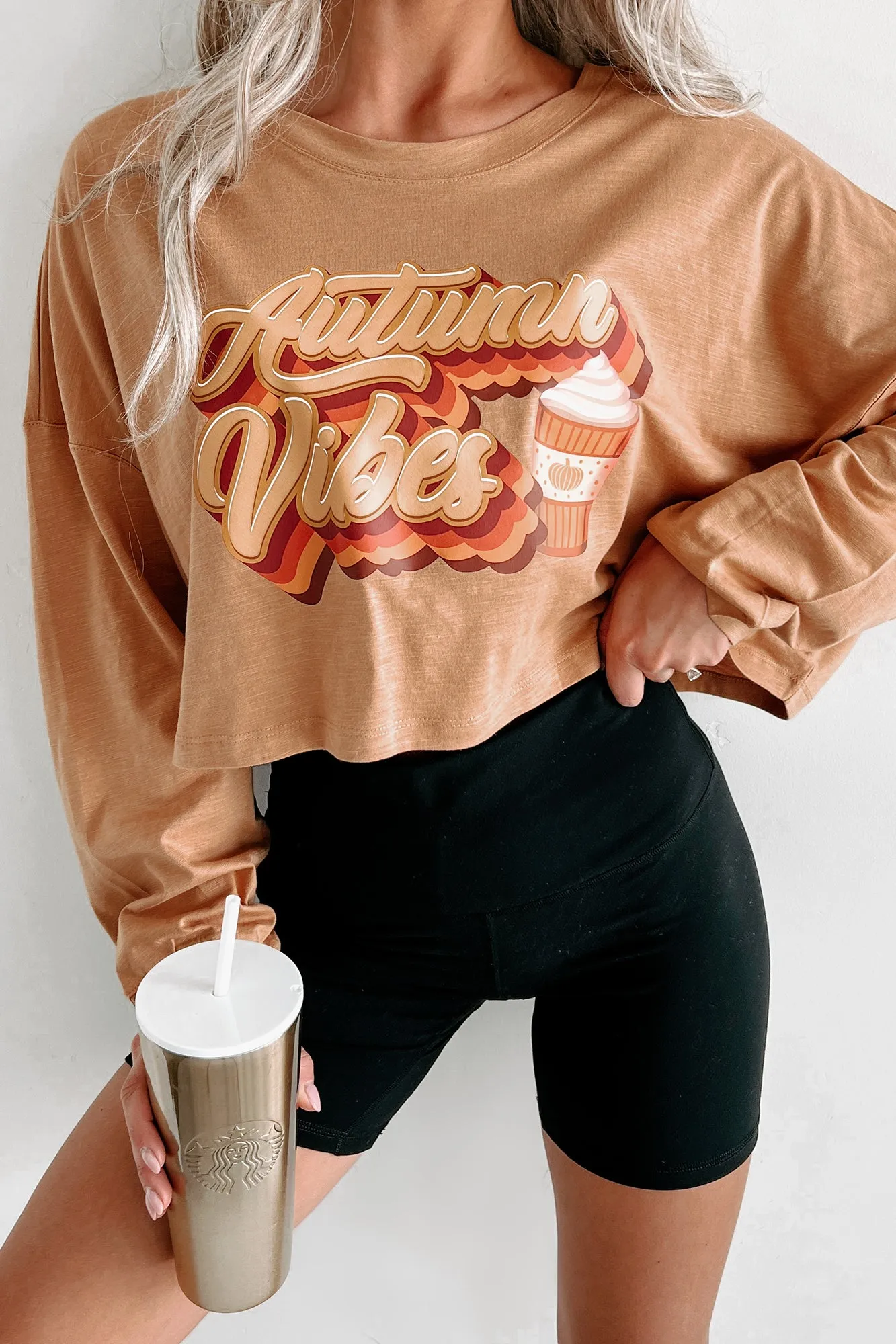 "Autumn Vibes" Long Sleeve Graphic Crop Top (Peanut Butter) - Print On Demand