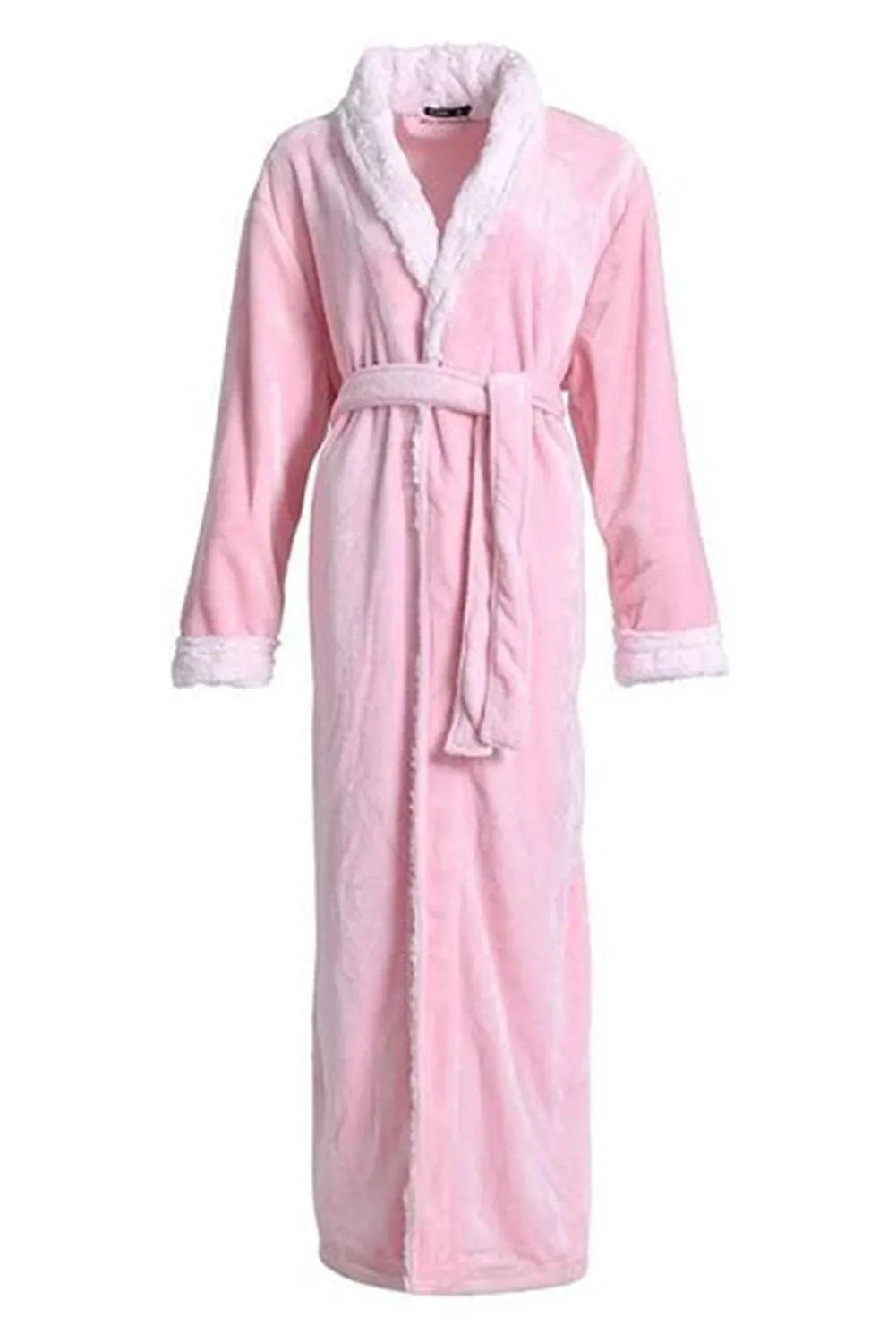 Solid Color Long Sleeve Flannel Thermal Robe Loungewear Bathrobe With Belt