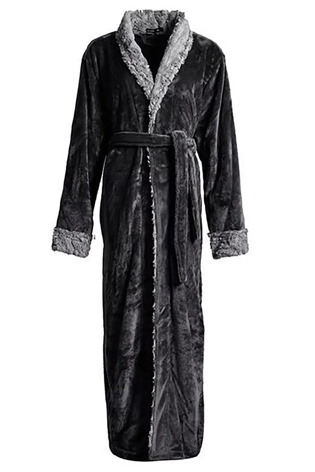 Solid Color Long Sleeve Flannel Thermal Robe Loungewear Bathrobe With Belt