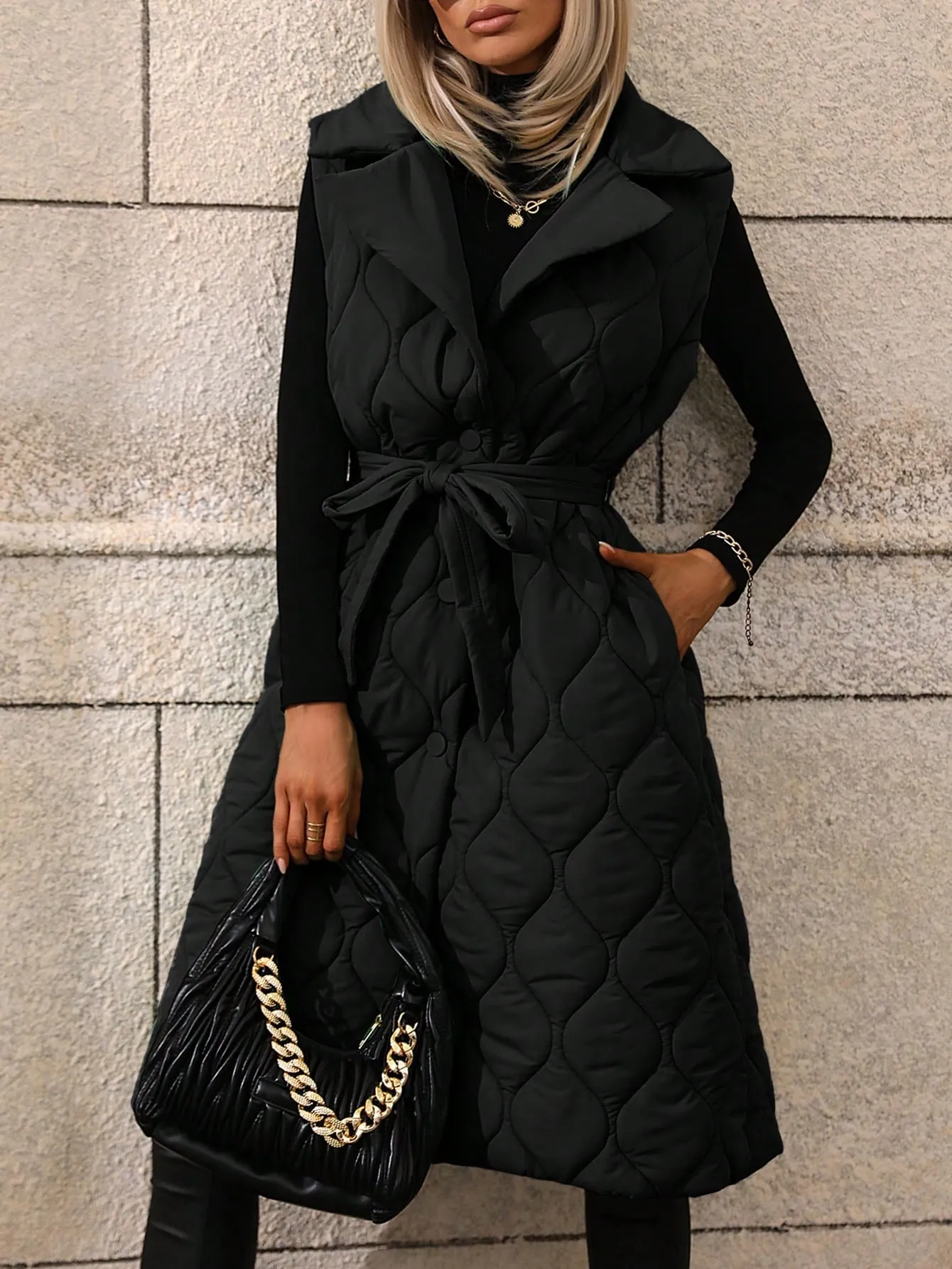 Solid Lapel Neck Belted Quilted Vest Coat