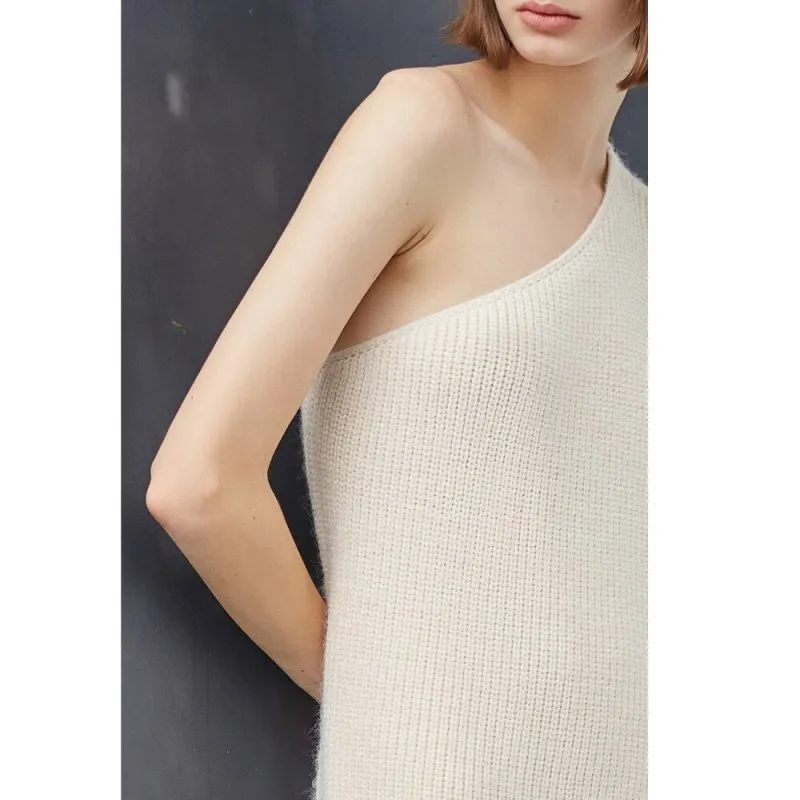 Spring Autumn  Long Sleeve Knitted One Shoulder Sweater Solid Pullover Trendy Women clothes Outwear One Pieces