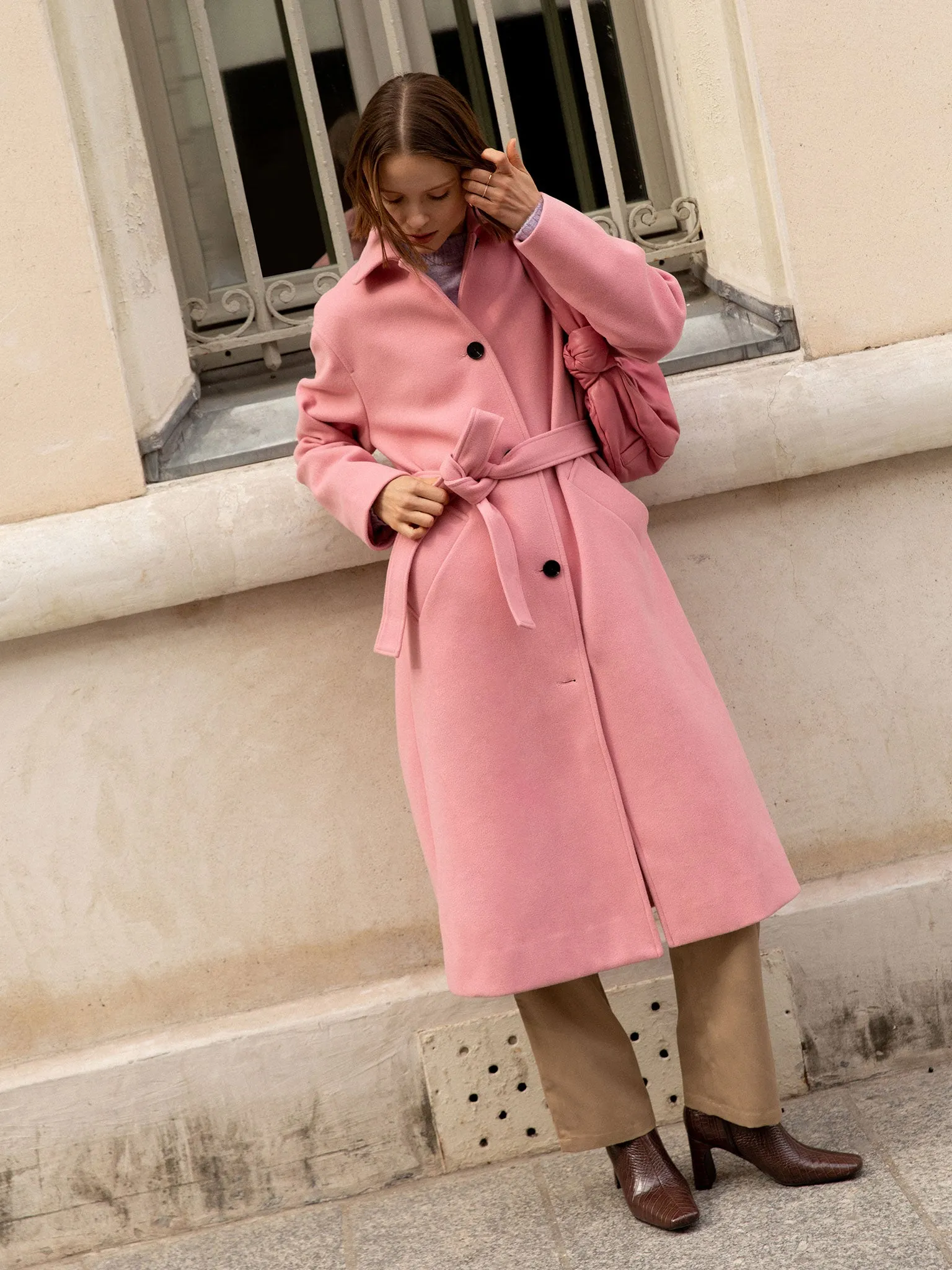 Vienna Single Breasted Belted Coat in Dusty Pink