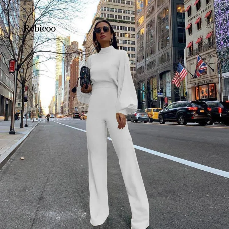 Women Autumn Elegant Fashion Slim Fit Solid Skinny Casual Overalls Office Look Work Lantern Sleeve Mock Neck Jumpsuits