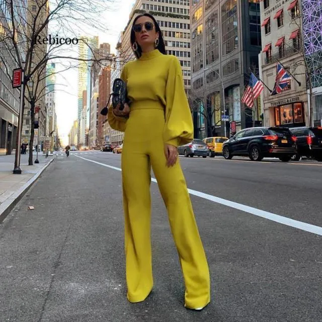 Women Autumn Elegant Fashion Slim Fit Solid Skinny Casual Overalls Office Look Work Lantern Sleeve Mock Neck Jumpsuits