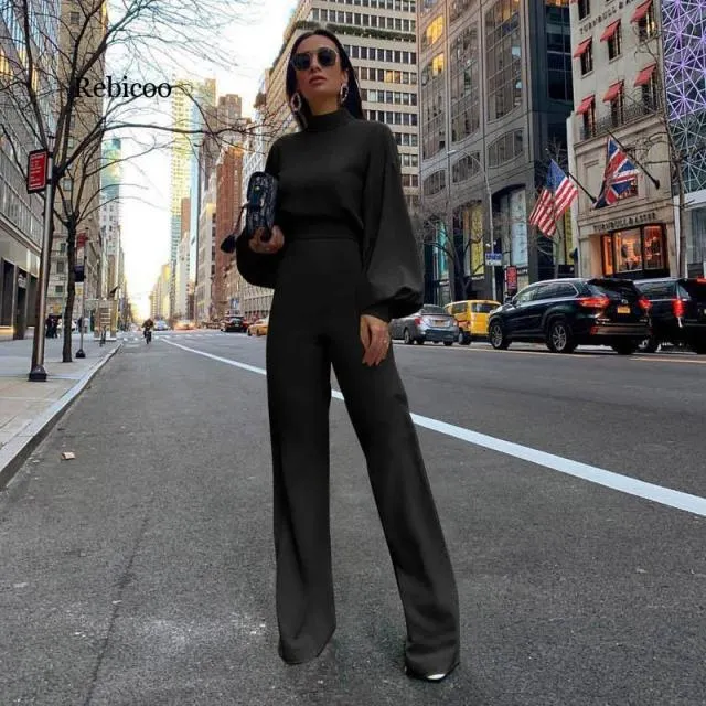 Women Autumn Elegant Fashion Slim Fit Solid Skinny Casual Overalls Office Look Work Lantern Sleeve Mock Neck Jumpsuits