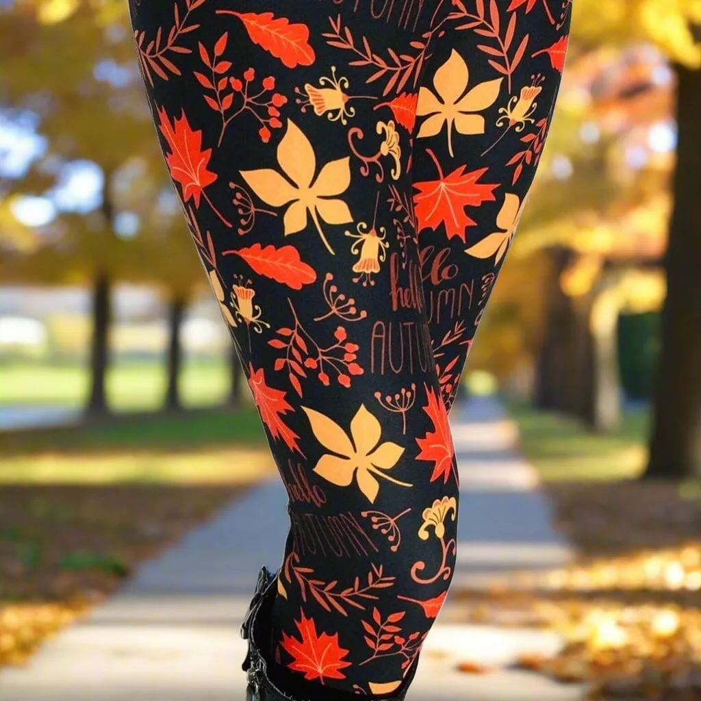 Womens Fall Leaf Hello Autumn Leggings, Soft Yoga Pants, Sizes 0-22, Yoga Waist, Black/Orange, Exclusive Leggings