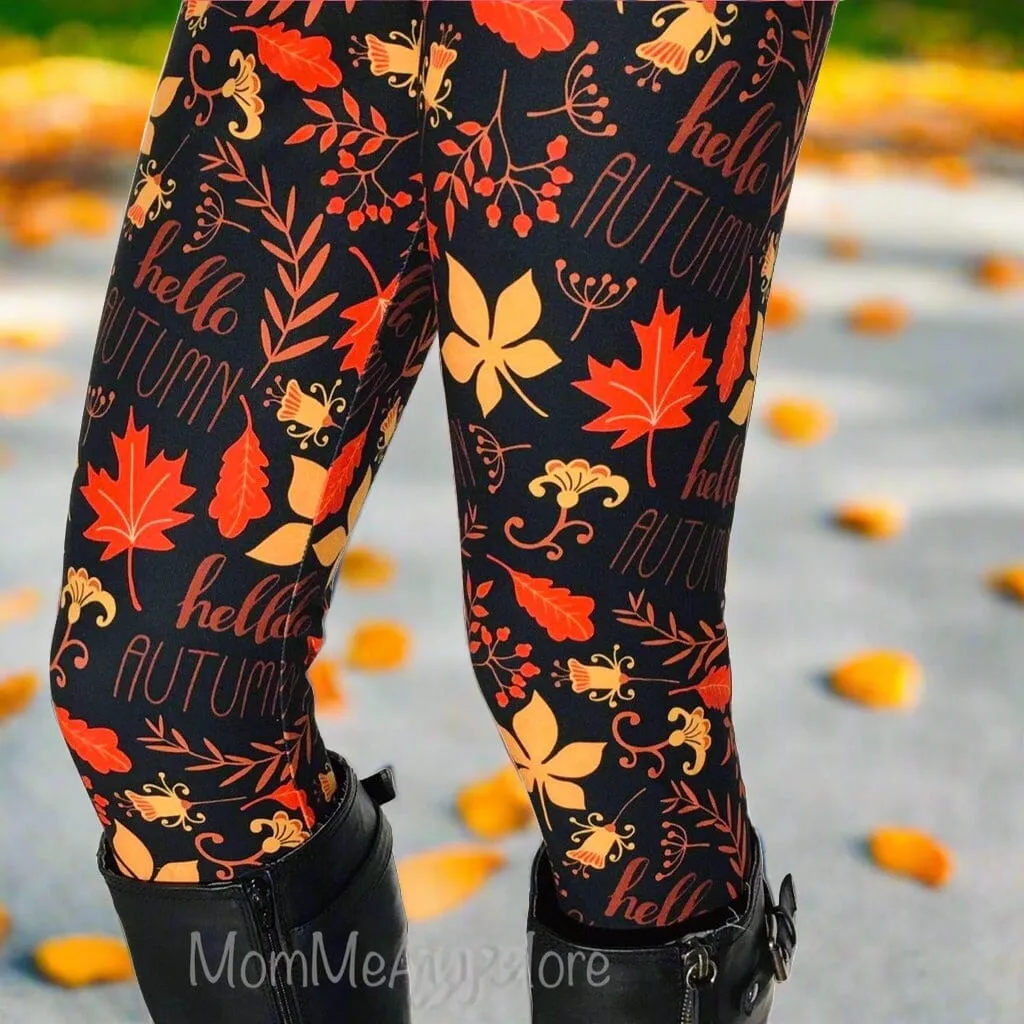 Womens Fall Leaf Hello Autumn Leggings, Soft Yoga Pants, Sizes 0-22, Yoga Waist, Black/Orange, Exclusive Leggings